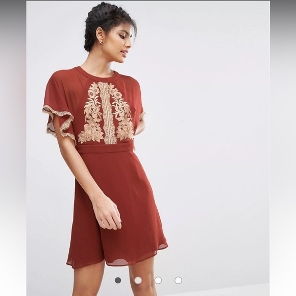 ASOS Embroidered Skater mini dress With Open Back, Size US 0 - Picture 6 of 7